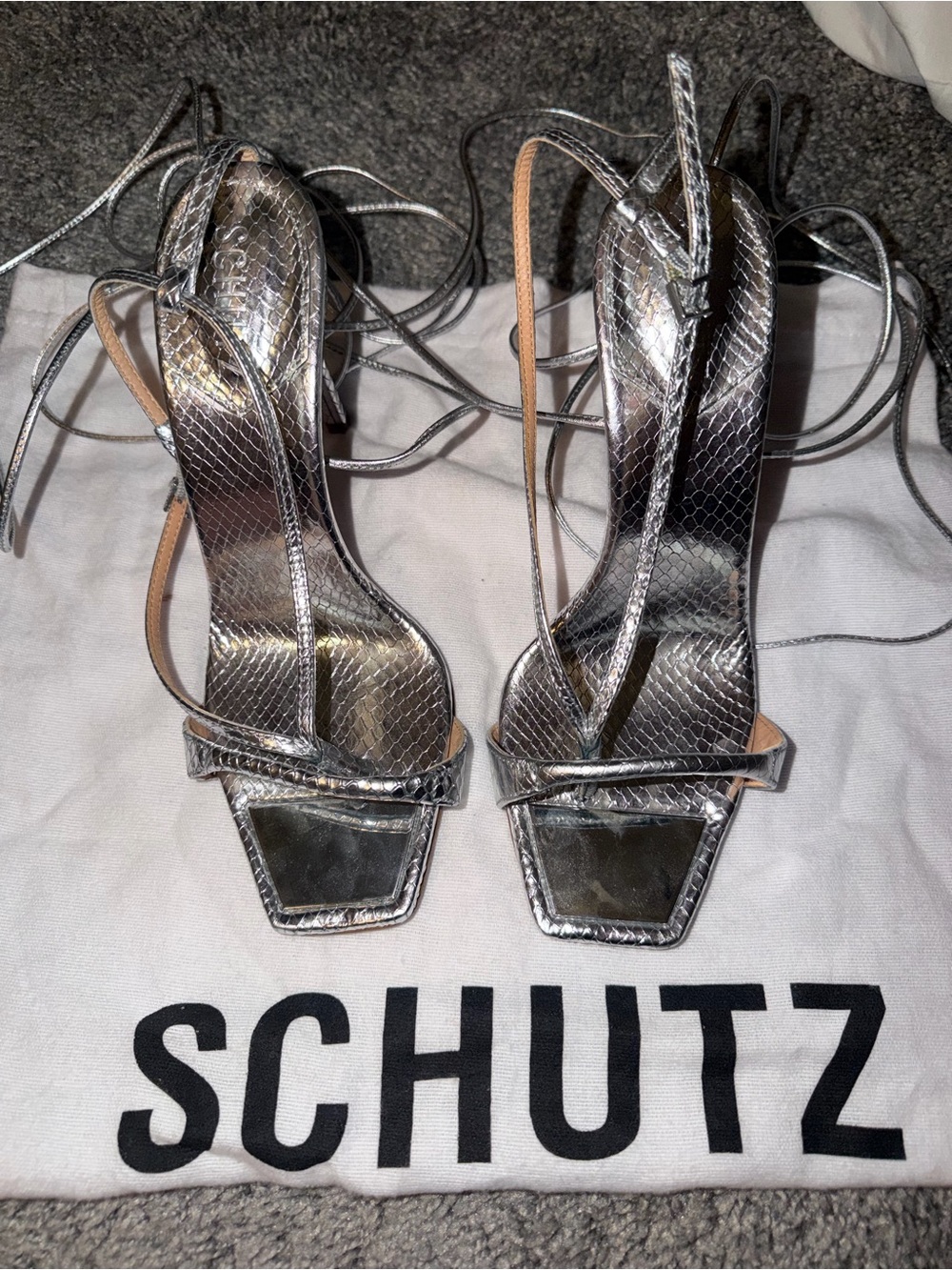 SCHUTZ Metallic Silver Snake-Texture Lace-Up Heels